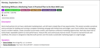 Session listing on the Vibe 2.0 agenda: Marketing Without a Marketing Team, Monday, September 21, 4:00 PM to 5:00 PM, room Birch, speakers Steve Endow of Blue Dragonfly, LLC and Tanya Henderson of Tess Team.