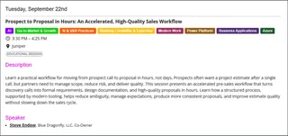 Session listing on the Vibe 2.0 agenda: Prospect to Proposal in Hours, Tuesday, September 22, 3:30 PM to 4:25 PM, room Juniper, speaker Steve Endow of Blue Dragonfly, LLC.